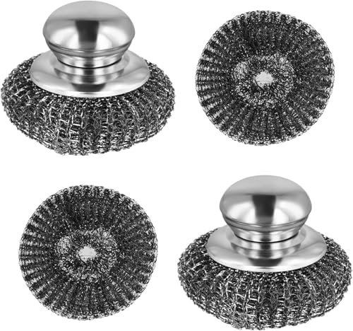 Éponges en Acier Inoxydable avec Poignée Set de 4, Eponge Metallique, Éponge en Acier Inoxydable, Éponge à Récurer, pour Nettoyer La Vaisselle, Casseroles, Poêles