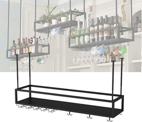 Weinregal Metall Hängend Flaschenregal Wand Schmal mit Weinglashalter Wine Rack Bar Regal Wand Barschrank Weinständer Getränke Regal Vitrine Hängend für Bartheke Wohnzimmer Küche Esszimmer(Nero,120cm/
