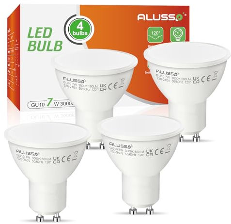 ALUSSO 7W Bombilla LED GU10, Blanco Cálido 3000K 560LM, 120 ° ángulo de haz, No Regulable, Paquete de 4
