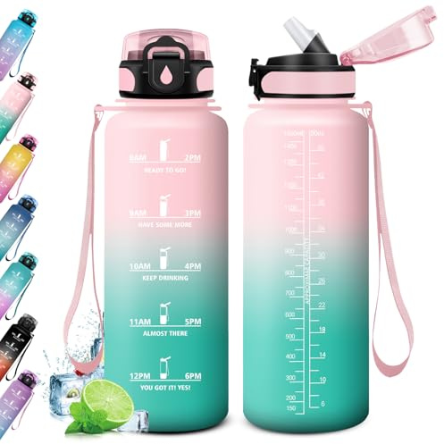 Bouteille d'eau 1.5L, Gourde Sport avec Paille, Gourde Motivation, Bouteille Reutilisable, Gourde Marqueur de Temps, Bouteille d'eau Sport Étanche, pour Fitness, Bureau, l'école, Yoga, Sport