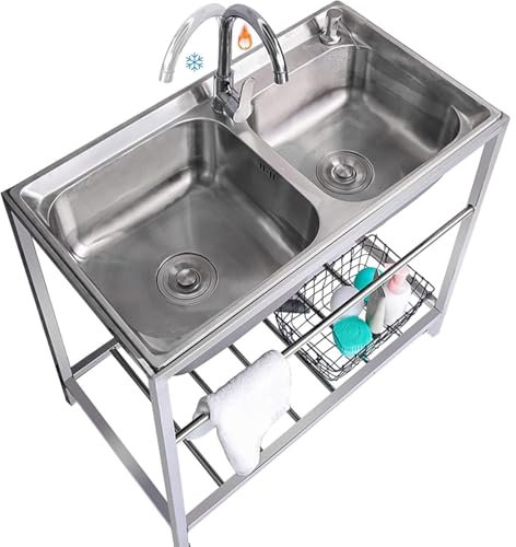 Lavello da cucina in acciaio inox a 2 scomparti, Lavello da esterno per ristorante, autoportante commerciale Lavandino Industriale,doppia vasca, lavandino con rubinetto dell'acqua calda fredda