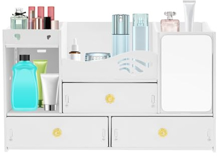 Tyvotrend Makeup Organizer With 3 Drawers, Cosmetic Storage Display Case with Tissue Slot and Mirror, Dressing Table Organiser, for Dresser, Bedroom, Bathroom, White, 40 x 20 x 25 cm