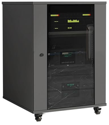 JIAOCKJIAO Beweglicher Phonoschrank, Stereo Schrank mit Verstellbaren Regalen, Audio Rack Hi Fi Regal mit Glastür, Record Player Stand for Entertainment-Stereokomponenten(Gray,56x57x83CM)