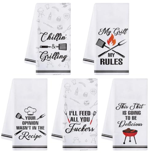 R HORSE 5Pcs BBQ Grilling Dish Towel Funny Barbecue Cooking Absorbent Kitchen Dishcloth Grilling Themed Cleaning Dishcloth Bar Hand Towel Gifts for Chef Men Women Housewarming