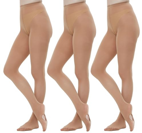 MANZI Convertible Ballet Tights for Women Ultra Soft Mid Rise Transition Dance Tights Pack of 3(Light Suntan, S-M)