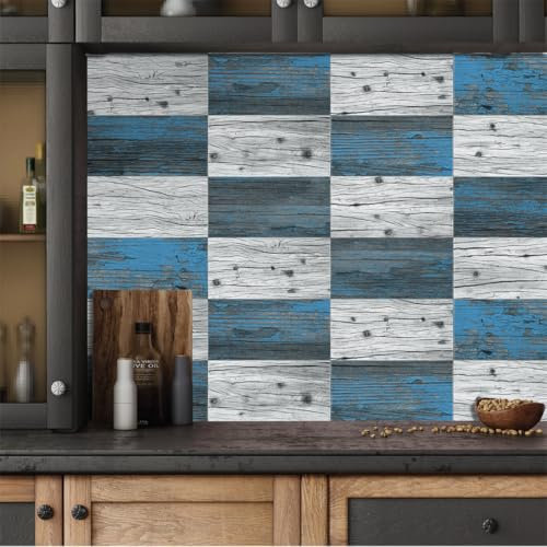 Keramikfliesen, Wandfliesen, Fliesenaufkleber, 10 x 20 cm, blaue Holzmaserung, Fliesenaufkleber für Küche und Bad, 64 Stück