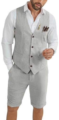 HUEZOE Mens Linen Suit 2 Piece Short Suits for Men Casual Summer Beach Groom Wedding Suit Linen Vest Shorts Set