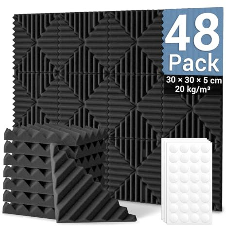 Ohuhu Akustikschaumstoff Akustikpaneele 48 Stück mit Aufkleber, 30 x 30 x 5 cm Dreiecke Schalldämmung Wand Schallabsorber Akustikschaumplatten Schallschutz für Tonstudio Podcasts Gaming Deko