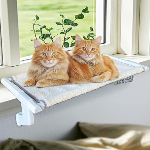 Cat Bed Window Sill Perch,Adjustable Cat Bedside Hammock Metal Frame Kitten Shelf Windowsill for Indoor Large Heavy Cats No Drilling Window Sill Extender for Pets (White, M)