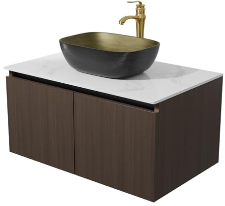 LUVODI Wall Bathroom Sink Cabinet: 80cm Wide Floating Vanity Units with Ceramic Basin Gold-plated Faucet and Flexible Hoses White PVC Top for Bathroom Renovation