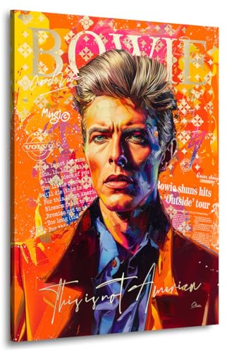 Kunstgestalten24 | David Bowie Wandbild „This is not America“ – Pop Art Leinwanddruck in Orange – hochwertiger Druck mit Echtholz-Keilrahmen – Musik Deko | 60x80x4cm