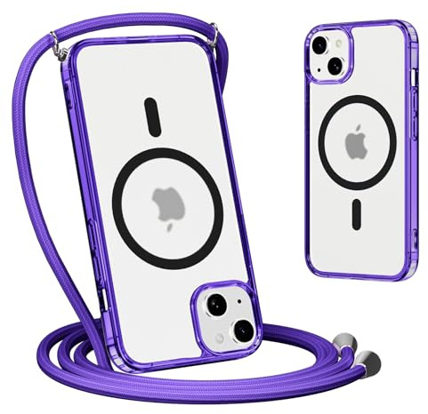 Yoedge Magnética Funda con Cuerda para iPhone 13 Mini, Compatible con MagSafe, Carcasa Mate Translúcida Delgada Silicona Anti-Choque Antiarañazos Protector Case con Ajustable Correa Colgante, Púrpura