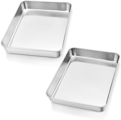 Herogo Baking Tray Set of 2, Deep Cake Tin, Stainless Steel Rectangle Bake Sheet Pans for Cake Brownie, Lasagne, Healthy & Non Toxic, Dishwasher Safe (23.8x18x5 cm)