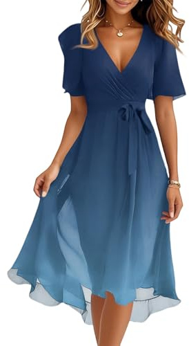 Kleider Damen Sommer Elegant Lang Chiffon Sommerkleid A-Linie Hohe Taille Abendkleid Boho Kleid Kurzarm Cocktailkleid Frauen Midi Casual Wickelkleid V-Ausschnitt Bindegürtel Strandkleid Party
