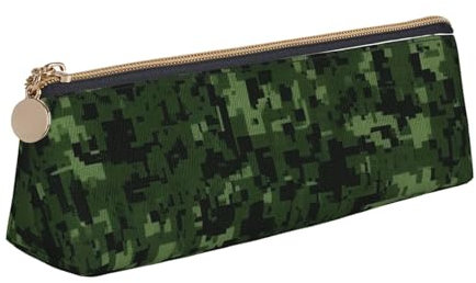 Leather Pencil Case with Zipper - Stylish Leathers Pen Holder Pen Case for Women Men - Leather Pencil Bag Green Army Digital Camouflage Pen Pouch for Work, Office & Travel Pencil Pouch Aesthetic
