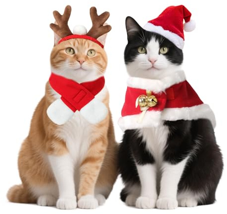 PETLESO 4 Stück Katzen Weihnachtskostüm- Rentiergeweih-Kopfband, Santa Hut, Schal & Umhang - Rotes Weihnachtskostüm für Katzen & Hunde