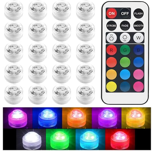 20 Pcs Submersible Led Light, 13 RGB Colour Changing Small Waterproof Tea Lights with Remote Control for Wedding Hot Tub Bath Party