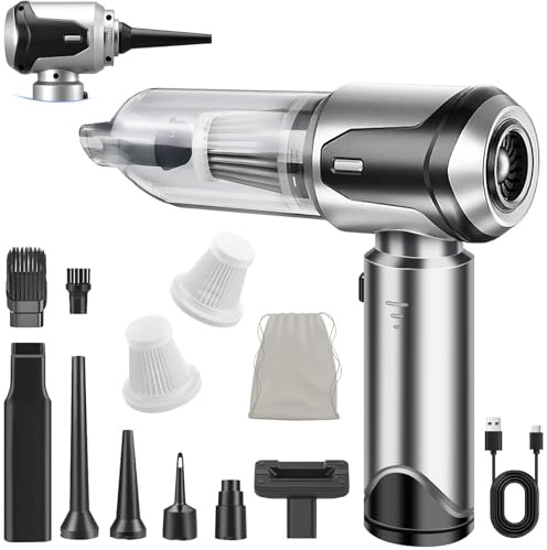 YUEJIDZ Handstaubsauger Akku Kabellos 25000Pa Mini Auto Staubsauger mit Bürstenloser Motor 4 in 1 Akku Staubsauger 3-Gang Mini Handstaubsauger für Tierhaare, Auto, Haushalt, Silber