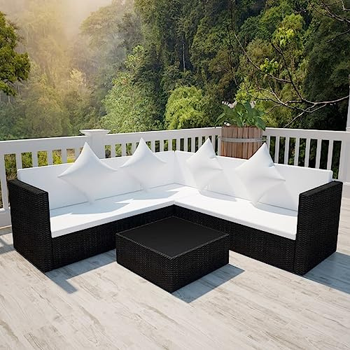 Hoopleep 4-TLG. Garten-Lounge-Set, Schwarz Poly Rattan mit Cremeweißen Auflagen, Outdoor Terrassenmöbel für Entspannung und Komfort