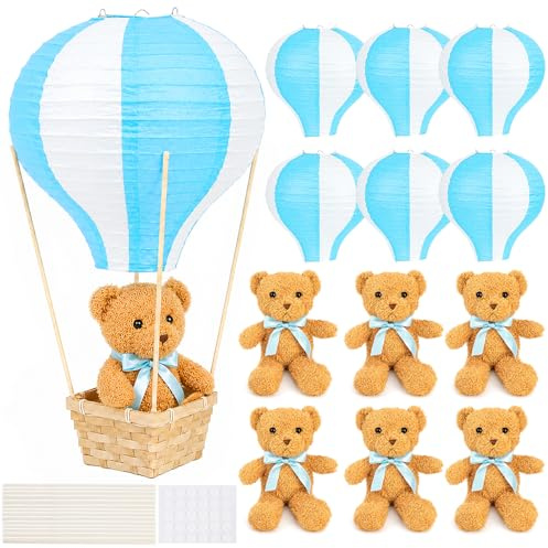 ACMEE 6 juegos de centros de mesa de oso de globo aerostático, cestas tejidas con oso para baby shower, decoraciones de revelación de género (azul)