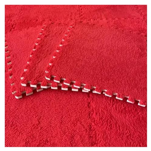 Ineinandergreifende Plüsch-Schaumstoffmatte Weiche, Flauschige Puzzle-Schaumstoff-Bodenmatte, ineinandergreifende quadratische Mattenfliesen, Rutschfester Teppich, Schlafzimmerteppich(Red,12Pcs)