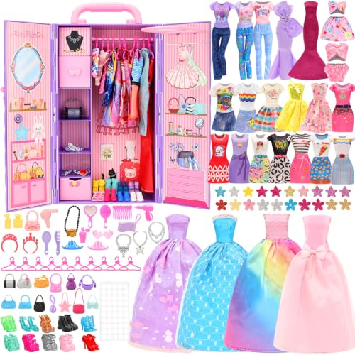 Miunana 1 Armario + 18 Ropas + 71 Accessorios para 30 CM 11,5'' Muñeca | 1 Armario De muñecas, 18 Ropa, 10 Zapatos, 10 Perchas Y 51 Accesorios Adicionales Aleatorio (Sin Muñeca)