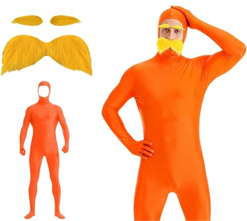 Générique 3pc Combinaison intégrale unisexe pour homme et femme - Costume d'Halloween - Costume Slenderman - Costume Lorax ouvert- avce barbe+sourcil - Combinaison seconde peau Carnaval