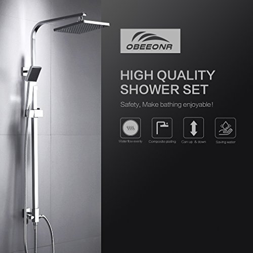 Auralum Duschsäule, verchromt, ohne Armaturen, verstellbar, aus Messing, für Badewanne ohne Mischbatterie, Badezimmer-System, mit Handbrause und quadratischem Duschkopf, Schwarz