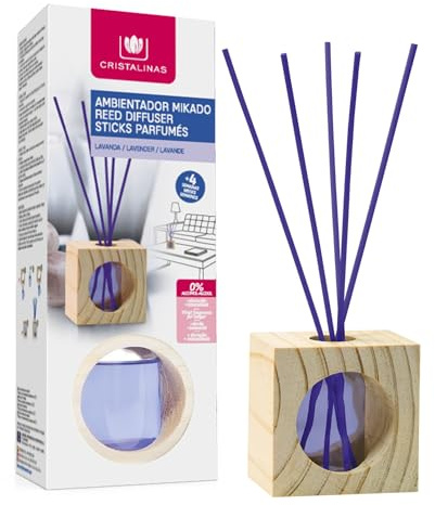 CRISTALINAS | Ambientador Mikado Cubo de Madera | Difusor de Varillas para el Hogar | Aroma Lavanda | Duración + de 4 Semanas | 30ml | 0% Alcohol