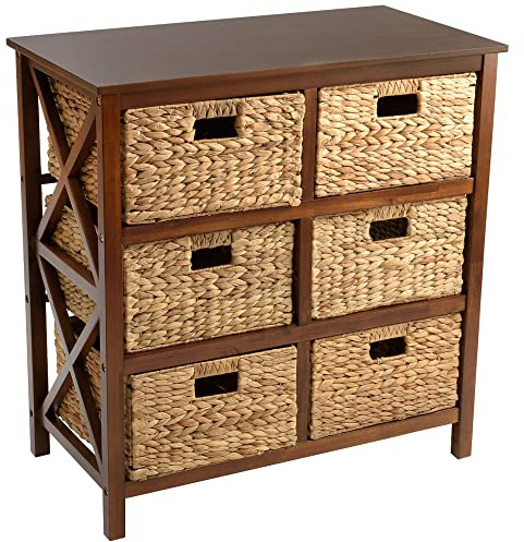 eHemco 3 Tier X-Side End Storage Cabinet with 6 Wicker Baskets, Walnut