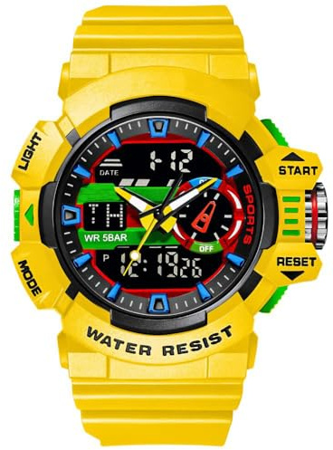 carlien Orologio da polso da uomo, sportivo, militare, al quarzo, con doppio display, impermeabile, multifunzionale, Giallo, 42 mm, Movimento al quarzo
