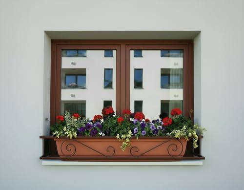 CM Garden - Balconcillo para Macetas Extensible 100-140 cm, Balconcillo para Plantas, Portamacetas Ventana, Protector de macetas, Modelo Volutas, Marrón Forja