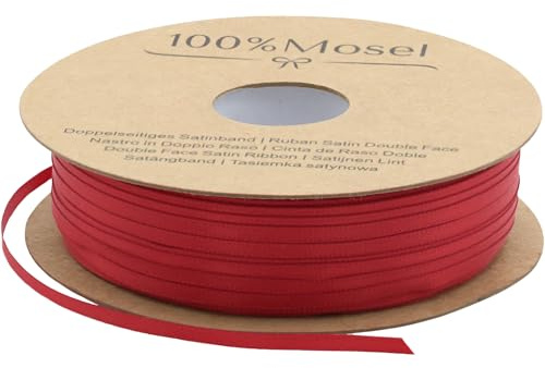 100%Mosel Satinband, i rött (3 mm x 100 m), matt glänsande presentband, elegant band för dekoration och hantverk, för att slå in speciella presenter, till advent, jul och mycket mer.