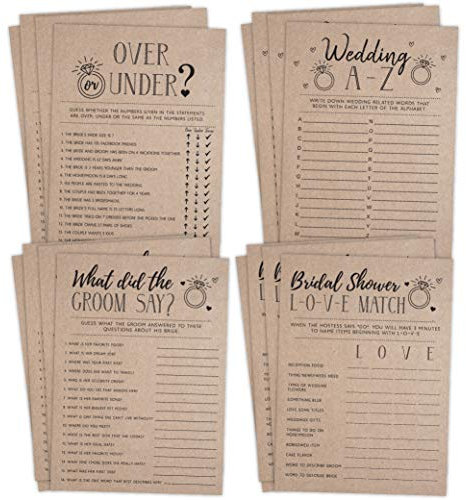 Brautparty Bachelorette Spiele rustikales Kraftwerk Wortspiel What did the Groom Say, Over and Underder, Hochzeits-Alphabet, 25 Spiele je 25 Spiele