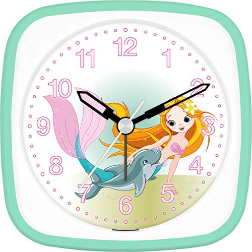 Eurotime Wecker für Mädchen mit Meerjungfrau Delphin, Mint Weiß, Kinderwecker, Kunststoffgehäuse und Kunststoffglas, geräuscharmer Wecker, kein Ticken, mit Licht und Weckwiederholung, 27035-04