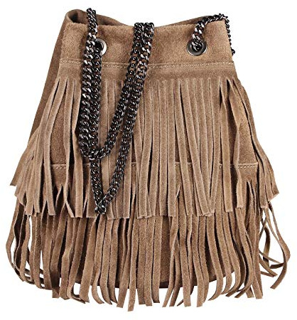 OBC Made in Italy Damen Tasche mit Kette/Kettentasche Bucket Bag Fransen Wildleder Kroko Handtasche Umhängetasche Schultertasche Beuteltasche (Dunkeltaupe 20x25x19 cm)