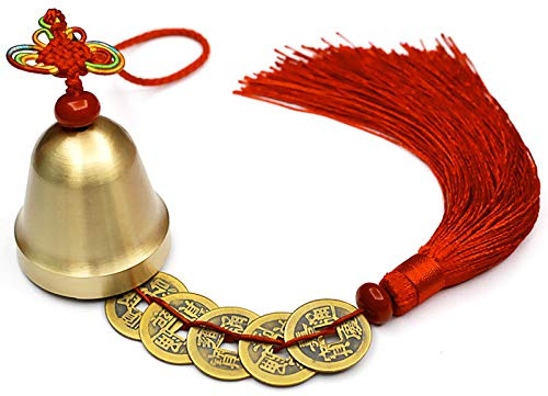 Chinesische Feng Shui Glocke, Glücksglocken mit 5 Münzen für Erfolg, Reichtum und gesunde Auto-Hauptdekoration hängender hängender Windschlag (Glocke rot)