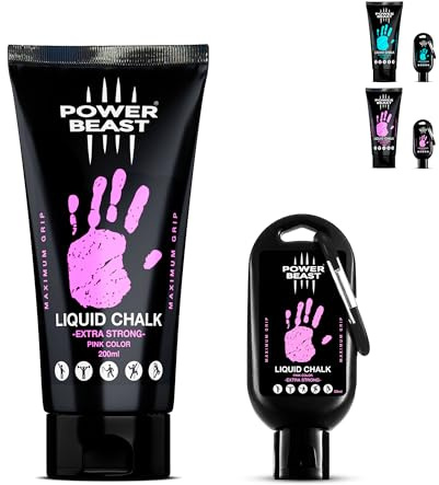 POWER BEAST Colored Liquid Chalk, 2 Bottles Combo of 250 + 50 ML, Liquid Sport Chalk, Free Professional Hand Grip for Gym, Weightlifting, Rock Climbing, Crossfit, Powerlifting, Pole Dance. (PINK)