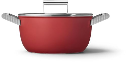 Smeg CKFC2411RDM Casserole Pan 24cm and Lid Red, Non-Stick, Aluminium, Patented Base