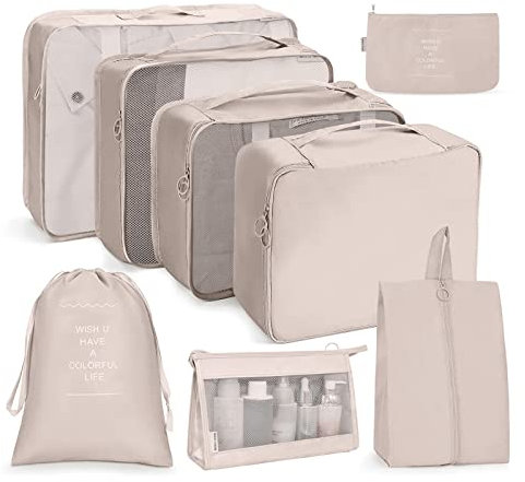 OSDUE Koffer Organizer Set 8-teilig, Packing Cubes, Wasserdichte Reise Kleidertaschen, Packtaschen für koffer, Verpackungswürfel mit Kosmetiktasche, Schuhbeutel, USB Kabel Tasche (Beige)