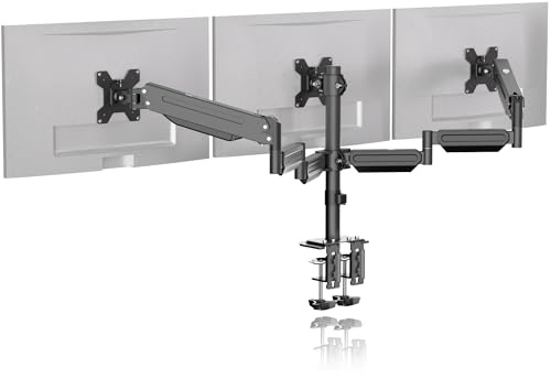 Soporte triple para monitor para 3 monitores, soporte de escritorio ajustable con resorte de gas con rotación giratoria de inclinación para tres pantallas de 17 a 27 pulgadas de hasta 6 kg cada una, 2