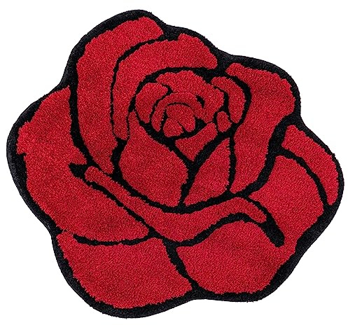 Mibathni Red Rose Bath Mat Non Slip Floral Plush Absorbent Rugs 23.6x25.5in | Cute Rose Bathroom Rug, TPR Non Slip Backing, Soft Plush Flower Shaped Microfiber Carpet for Bathtub Shower, Machine Washable