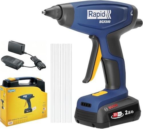 Rapid BGX500 - Pistolet à Colle Chaude Professionnel Sans Fil, Sans Piles, Chauffe Rapide 3 min, Régulateur de Débit, Voyants LED, Batterie & Chargeur Inclus (5001514)