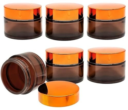INHEMING Glas Cremedose Leer,6 x 30ml Amber Glas Creme Tiegel Leerdose,Braunglas Cremetiegel Salbentiegel,Kleine Cremedosen zum Befüllen,Kosmetikbehälter mit Deckel