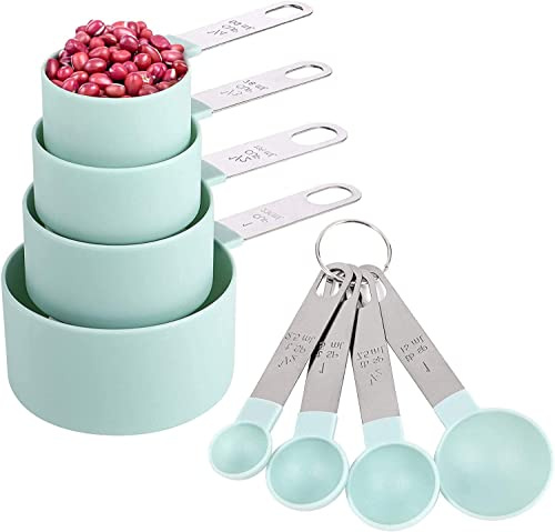 tazas medidoras acero inoxidable, 8 Piezas juego de tazas y cucharas medidoras measuring cups herramienta de medición de plástico apilables para líquidos y sólidos para cocinar (verde)