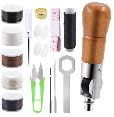 Glarks Kit di 13 punteruoli da cucito in pelle, portatile, per la riparazione di cuciture in pelle, con punteruolo per cucire a mano, bobine di filo in 5 colori con aghi dritti e piegati, ditale,