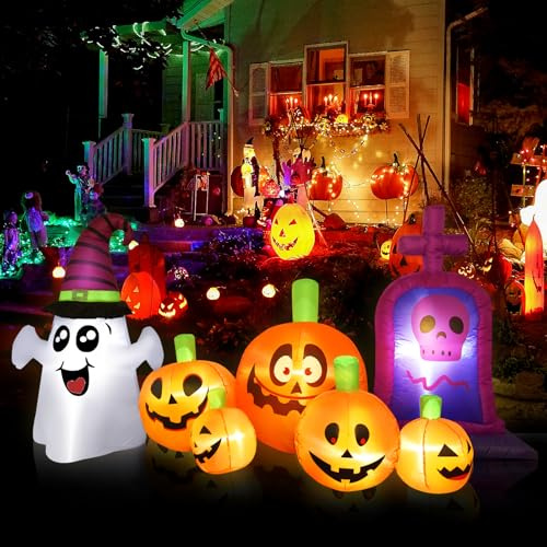 Halloween Deko Outdoor Aufblasbar 8FT: Halloween Kürbis Aufblasbarer Kürbismann mit LED Licht mit Magischem Hut Deko Geist,Aufblasbare Kürbisdekoration für Outdoor Indoor Party, Hof, Rasen,Garten