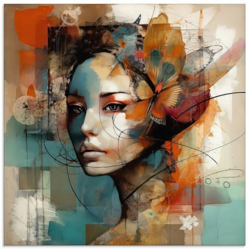 ARTLAND Wanddeko Glasbilder Wandbild Glas Bild einteilig 50x50 cm Quadratisch Deko Modern Collage Fantasy Frau Schmetterling Blumen U4WS