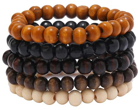 EGOINA Holzperlen Armband 8mm Multi-Layered Stretch Armband für Herren und Damen elastische 5pcs