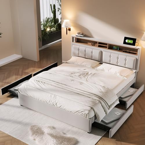 Polsterbett 160x200, LED Doppelbett mit Lattenrost, Stauraumbett mit Kopfteil-USB C und 4 Stauraum Schubladen, Funktionsbetten Bett Bettgestell, ohne Matratze, Beige